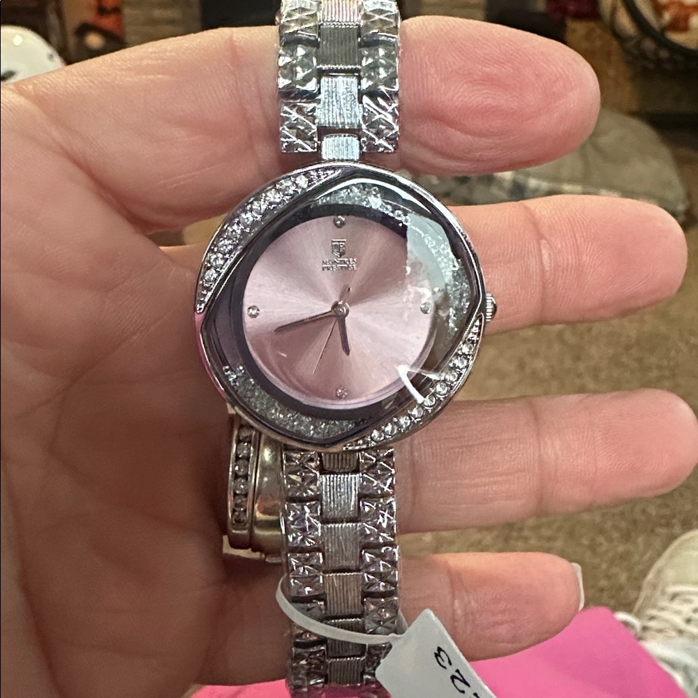 Silver and Pink Watch with Crystal Accents